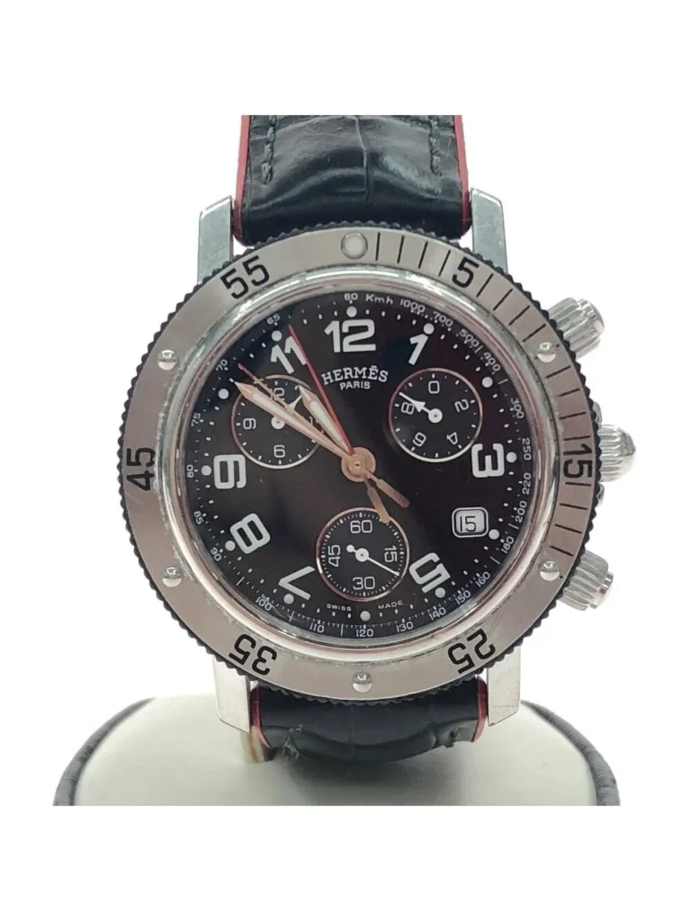 Hermes Watch Quartz Clipper Chrono Diver Black Dial Date Strap Original Included